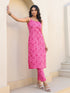 Janasya Women's Pink Pure Cotton Floral Printed Straight Kurta Pant Set